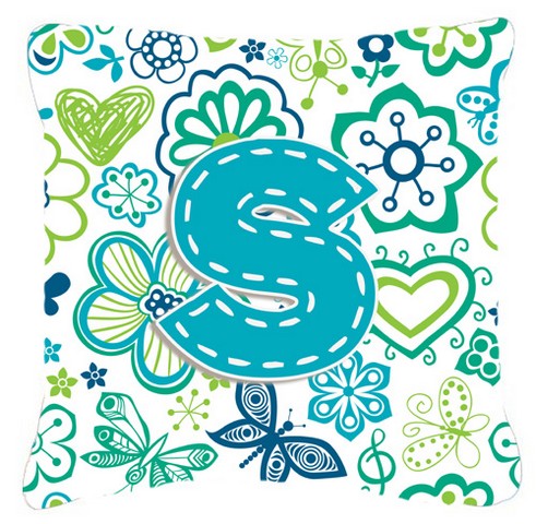 Letter S Flowers And Butterflies Teal Blue Canvas Fabric Decorative Pillow