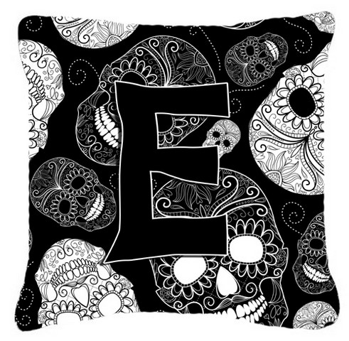 Letter E Day Of The Dead Skulls Black Canvas Fabric Decorative Pillow