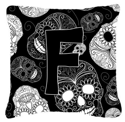 Letter F Day Of The Dead Skulls Black Canvas Fabric Decorative Pillow