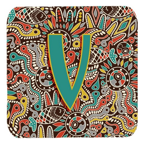 Letter V Retro Tribal Alphabet Initial Foam Coasters- Set Of 4
