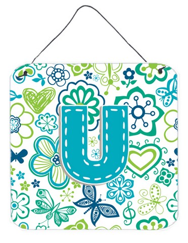 Picture of Carolines Treasures CJ2006-UDS66 Letter U Flowers And Butterflies Teal Blue Wall and Door Hanging Prints