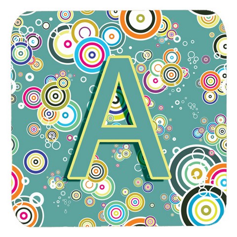 CJ2015-AFC Letter A Circle Circle Teal Initial Alphabet Foam Coasters- Set Of 4