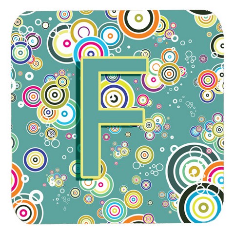 CJ2015-FFC Letter F Circle Circle Teal Initial Alphabet Foam Coasters- Set Of 4