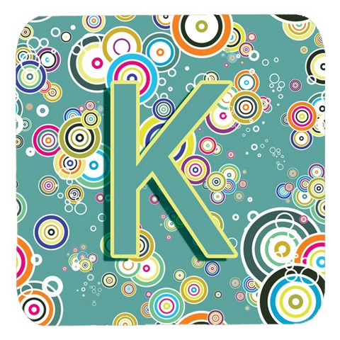 Letter K Circle Circle Teal Initial Alphabet Foam Coasters- Set Of 4