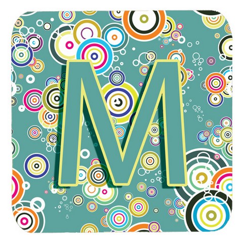 CJ2015-MFC Letter M Circle Circle Teal Initial Alphabet Foam Coasters- Set Of 4