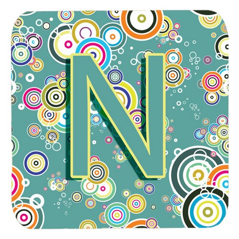 CJ2015-NFC Letter N Circle Circle Teal Initial Alphabet Foam Coasters- Set Of 4