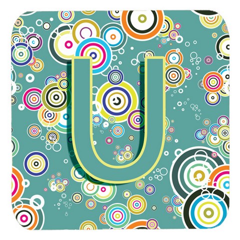 CJ2015-UFC Letter U Circle Circle Teal Initial Alphabet Foam Coasters- Set Of 4