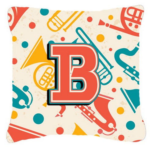 Letter B Retro Teal Orange Musical Instruments Initial Canvas Fabric Decorative Pillow