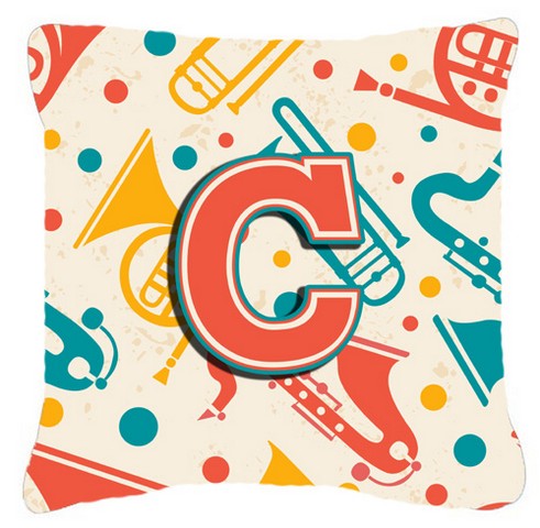 Letter C Retro Teal Orange Musical Instruments Initial Canvas Fabric Decorative Pillow