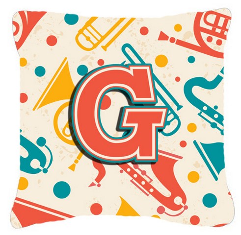 Letter G Retro Teal Orange Musical Instruments Initial Canvas Fabric Decorative Pillow