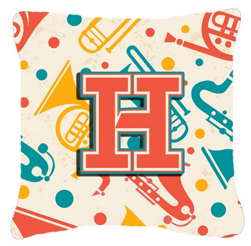Letter H Retro Teal Orange Musical Instruments Initial Canvas Fabric Decorative Pillow