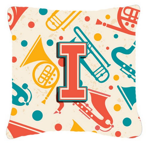 Letter I Retro Teal Orange Musical Instruments Initial Canvas Fabric Decorative Pillow