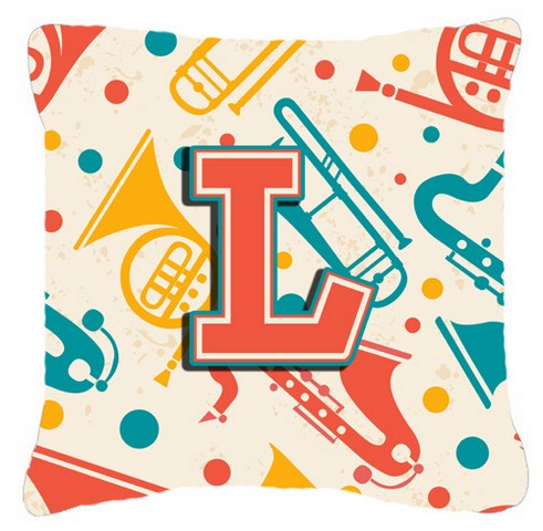 Letter L Retro Teal Orange Musical Instruments Initial Canvas Fabric Decorative Pillow