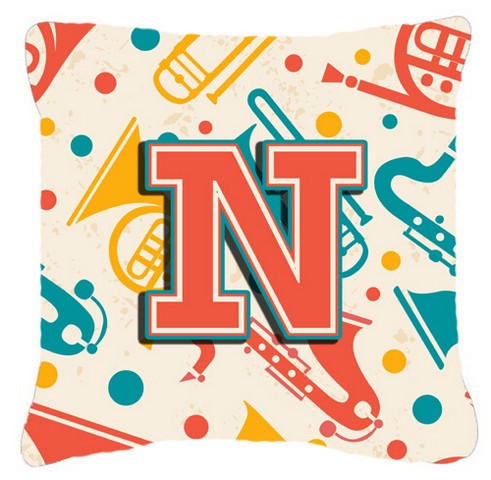 Letter N Retro Teal Orange Musical Instruments Initial Canvas Fabric Decorative Pillow