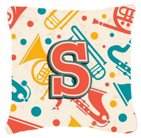 Letter S Retro Teal Orange Musical Instruments Initial Canvas Fabric Decorative Pillow