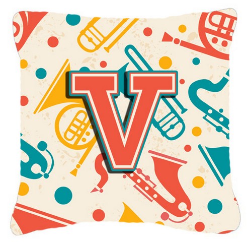 Letter V Retro Teal Orange Musical Instruments Initial Canvas Fabric Decorative Pillow