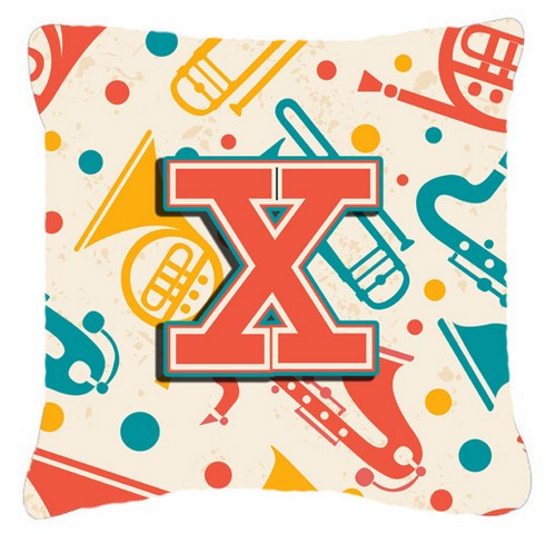 Letter X Retro Teal Orange Musical Instruments Initial Canvas Fabric Decorative Pillow