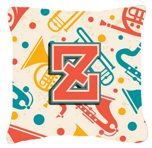 Letter Z Retro Teal Orange Musical Instruments Initial Canvas Fabric Decorative Pillow