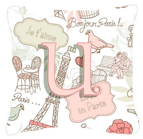 Letter U Love In Paris Pink Canvas Fabric Decorative Pillow - Pink - 14 L x 3 W x 14 H in.