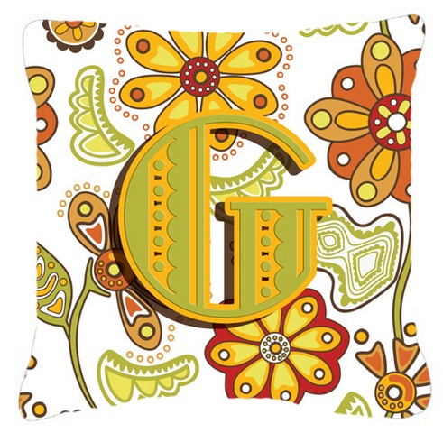 Letter G Floral Mustard And Green Canvas Fabric Decorative Pillow