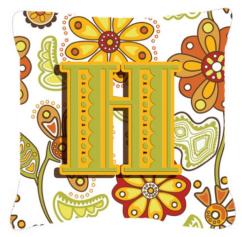 Letter H Floral Mustard And Green Canvas Fabric Decorative Pillow