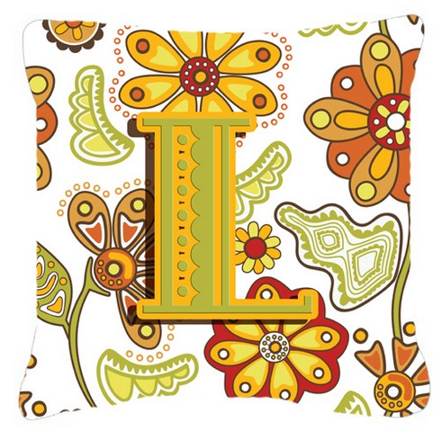 Letter L Floral Mustard And Green Canvas Fabric Decorative Pillow