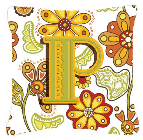 Letter P Floral Mustard And Green Canvas Fabric Decorative Pillow