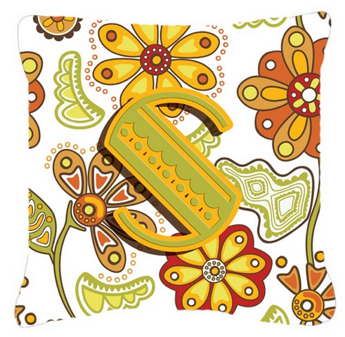 Letter S Floral Mustard And Green Canvas Fabric Decorative Pillow