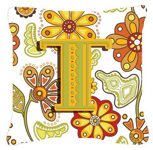 Letter T Floral Mustard And Green Canvas Fabric Decorative Pillow