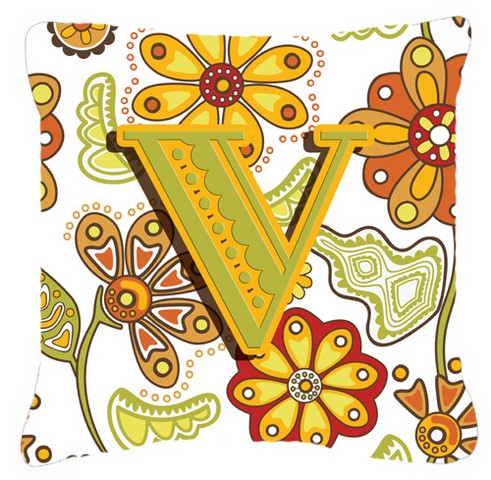 Letter V Floral Mustard And Green Canvas Fabric Decorative Pillow