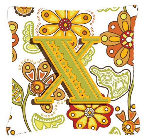 Letter X Floral Mustard And Green Canvas Fabric Decorative Pillow