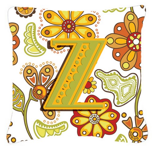 Letter Z Floral Mustard And Green Canvas Fabric Decorative Pillow