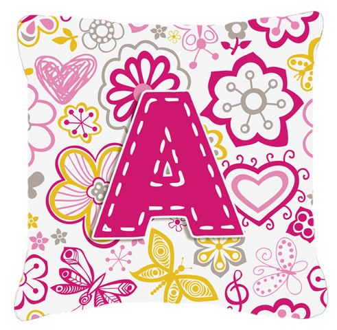 Picture of Carolines Treasures CJ2005-APW1414 Letter A Flowers And Butterflies Pink Canvas Fabric Decorative Pillow