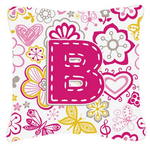 Letter B Flowers And Butterflies Pink Canvas Fabric Decorative Pillow - Pink - 14 L x 3 W x 14 H in.