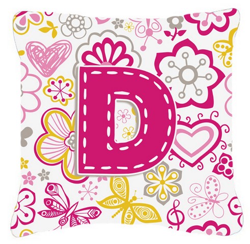 Letter D Flowers And Butterflies Pink Canvas Fabric Decorative Pillow