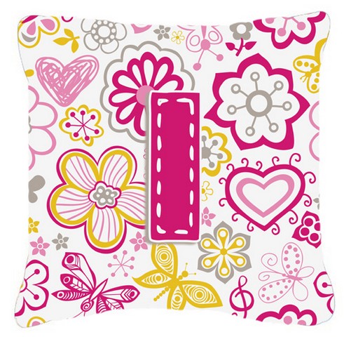 Letter I Flowers And Butterflies Pink Canvas Fabric Decorative Pillow - Pink - 14 L x 3 W x 14 H in.