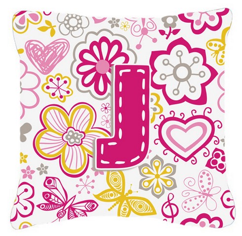 Letter J Flowers And Butterflies Pink Canvas Fabric Decorative Pillow - Pink - 14 L x 3 W x 14 H in.