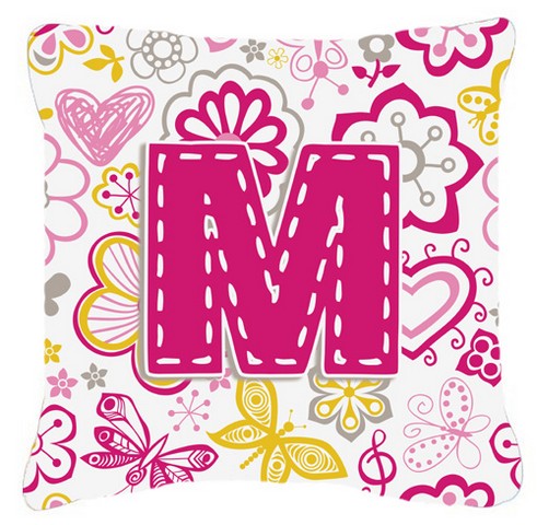 Letter M Flowers And Butterflies Pink Canvas Fabric Decorative Pillow - Pink - 14 L x 3 W x 14 H in.