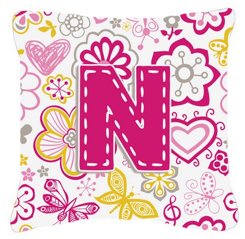 Letter N Flowers And Butterflies Pink Canvas Fabric Decorative Pillow - Pink - 14 L x 3 W x 14 H in.