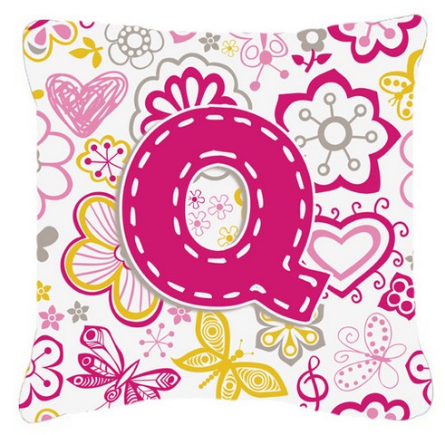 Letter Q Flowers And Butterflies Pink Canvas Fabric Decorative Pillow - Pink - 14 L x 3 W x 14 H in.