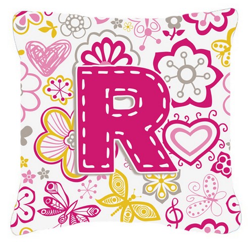 Letter R Flowers And Butterflies Pink Canvas Fabric Decorative Pillow - Pink - 14 L x 3 W x 14 H in.