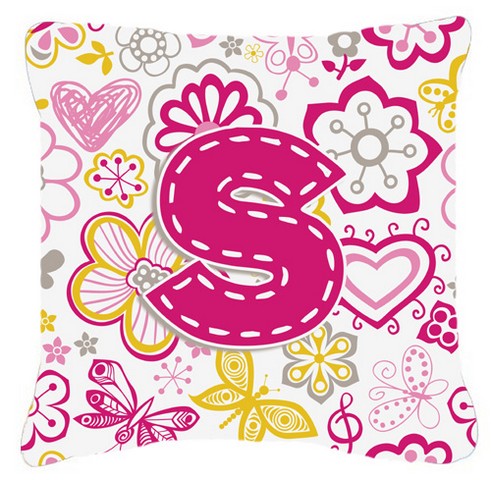 Letter S Flowers And Butterflies Pink Canvas Fabric Decorative Pillow - Pink - 14 L x 3 W x 14 H in.