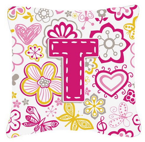 Letter T Flowers And Butterflies Pink Canvas Fabric Decorative Pillow - Pink - 14 L x 3 W x 14 H in.