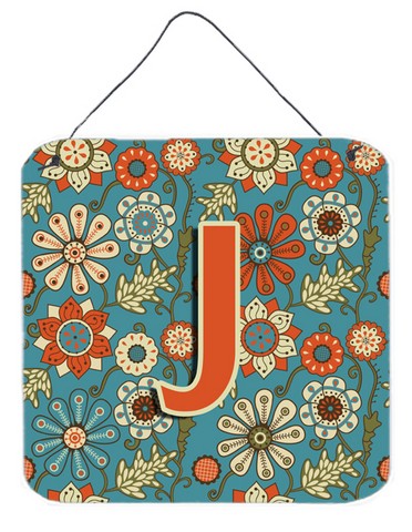 Letter J Flowers Retro Blue Wall and Door Hanging Prints