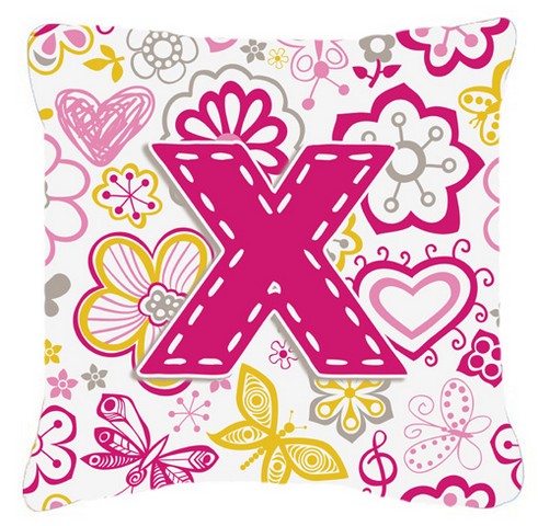 Letter X Flowers And Butterflies Pink Canvas Fabric Decorative Pillow