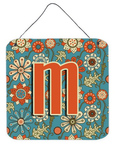 Letter M Flowers Retro Blue Wall and Door Hanging Prints