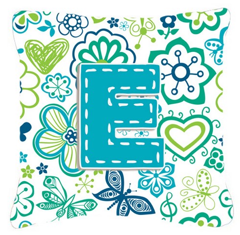 Letter E Flowers And Butterflies Teal Blue Canvas Fabric Decorative Pillow