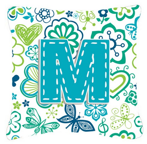 Letter M Flowers And Butterflies Teal Blue Canvas Fabric Decorative Pillow