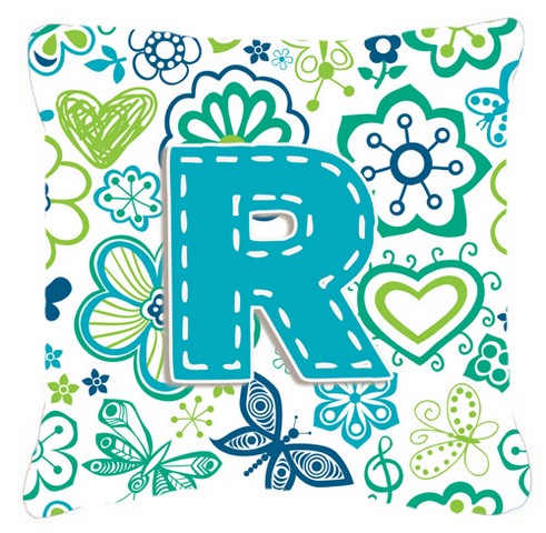 Letter R Flowers And Butterflies Teal Blue Canvas Fabric Decorative Pillow