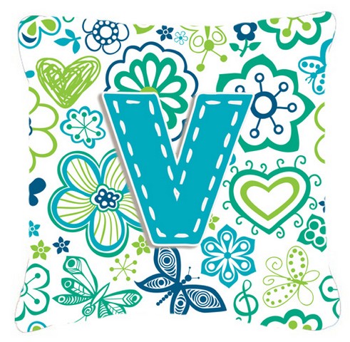 Letter V Flowers And Butterflies Teal Blue Canvas Fabric Decorative Pillow - 14 L x 3 W x 14 H in.